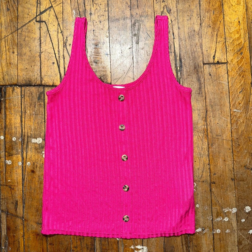 H&M Tank Top Women's XS Hot Pink Ribbed Knit Sleeveless Round Neck Button Front
